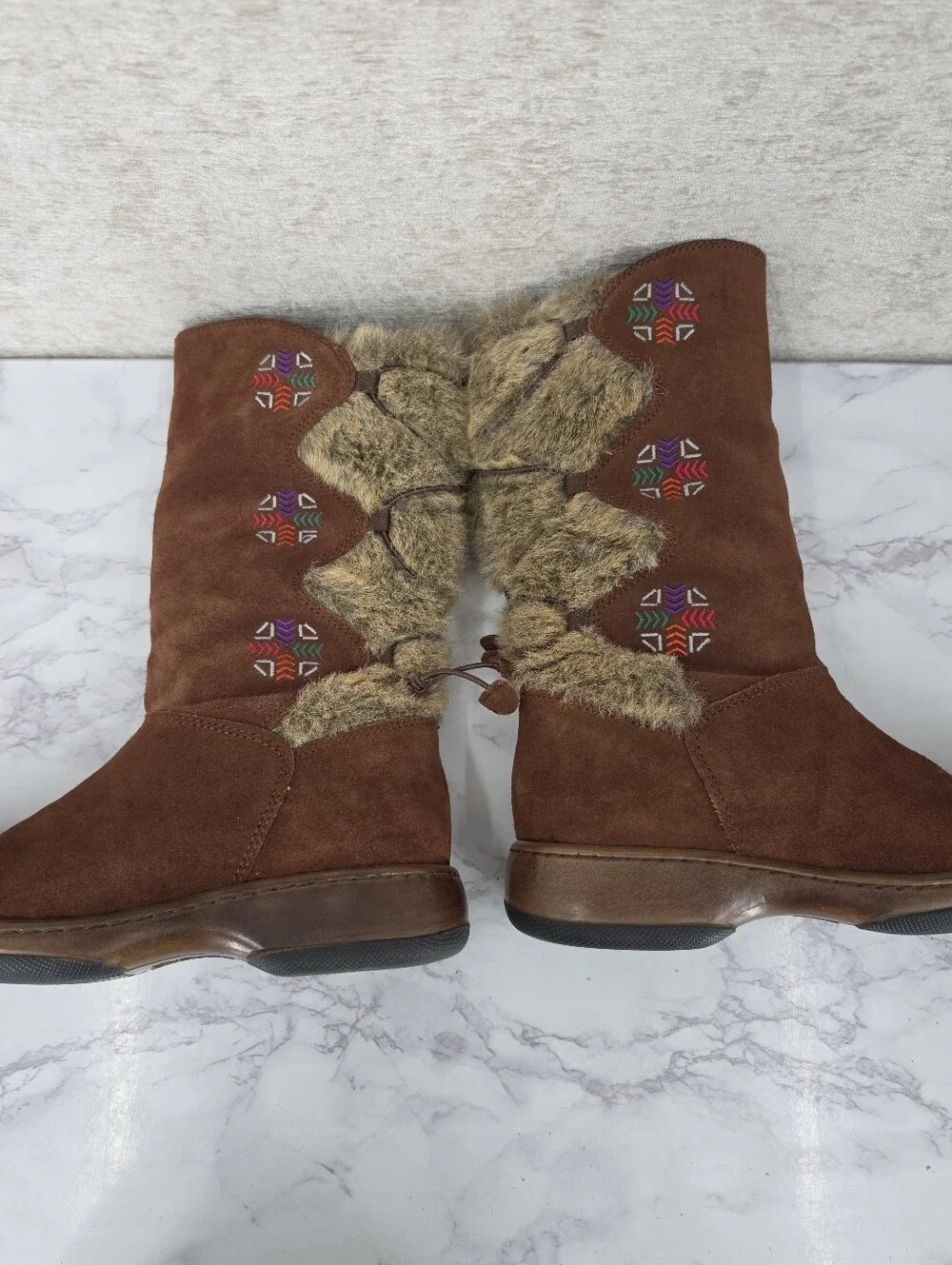 Dansko Fyodora Boot Brown Suede Mid-calf Winter Boots Faux Fur Boho Embroidered